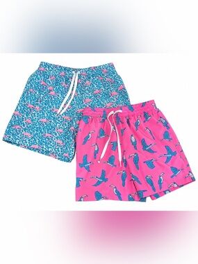 Bundle of 2 Chubbies Swim Trunks Blue Pink Flamingo Toucan Print Beach Shorts S